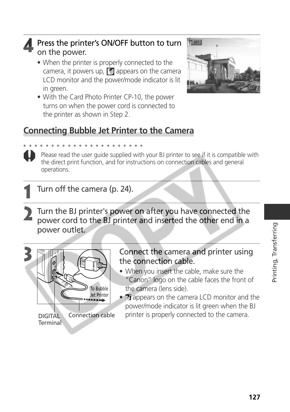 Connecting bubble jet printer to the camera, Turn off the camera (p. 24) | Samsung CDI-E090-010 User Manual | Page 133 / 186