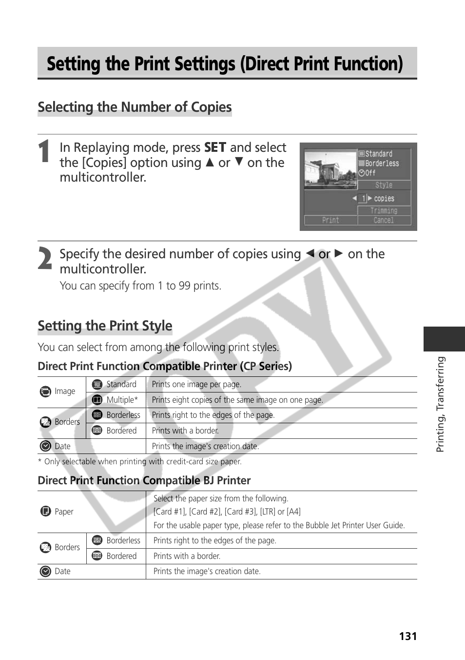 Setting the print settings (direct print function), Selecting the number of copies, Setting the print style | Samsung CDI-E090-010 User Manual | Page 137 / 186