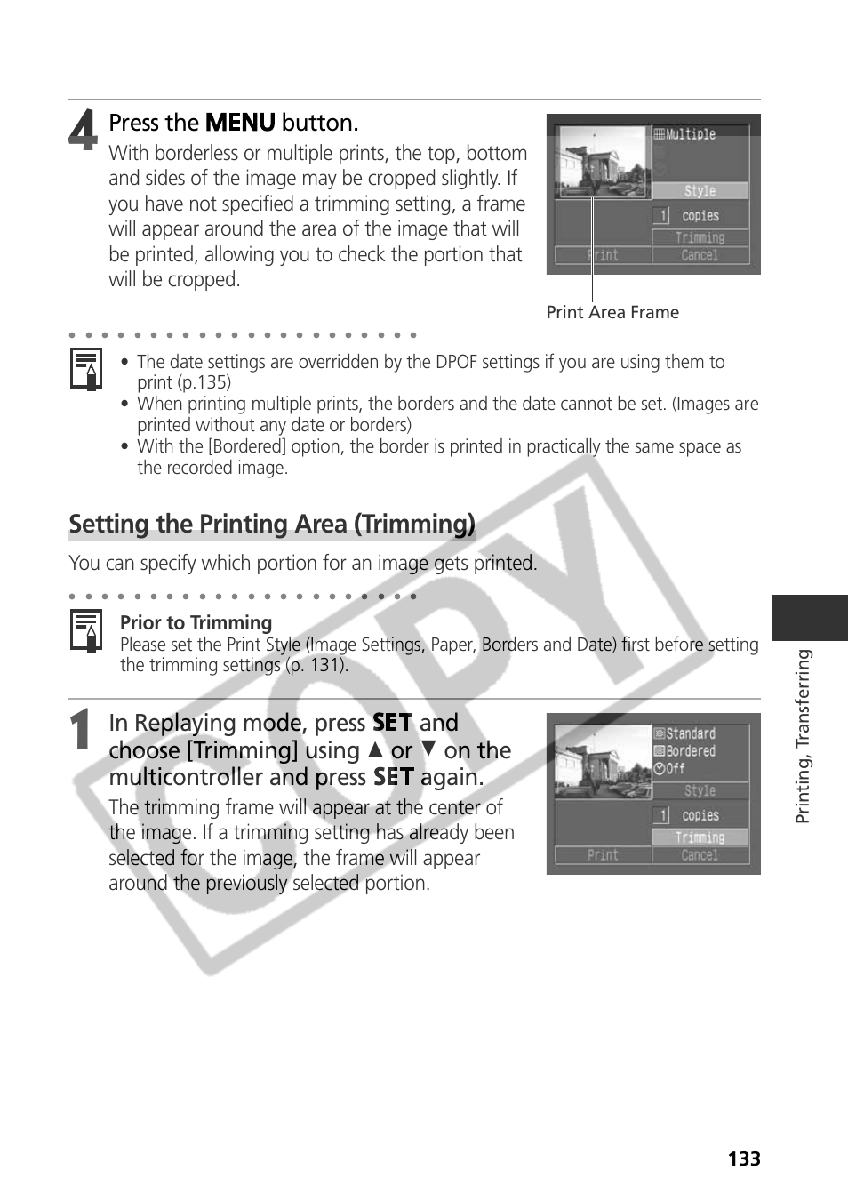 Setting the printing area (trimming), Press the button, Prior to trimming | Printing, t ransferring, Print area frame | Samsung CDI-E090-010 User Manual | Page 139 / 186