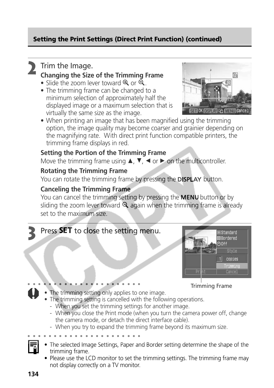 Trim the image, Press to close the setting menu, Trimming frame | Samsung CDI-E090-010 User Manual | Page 140 / 186