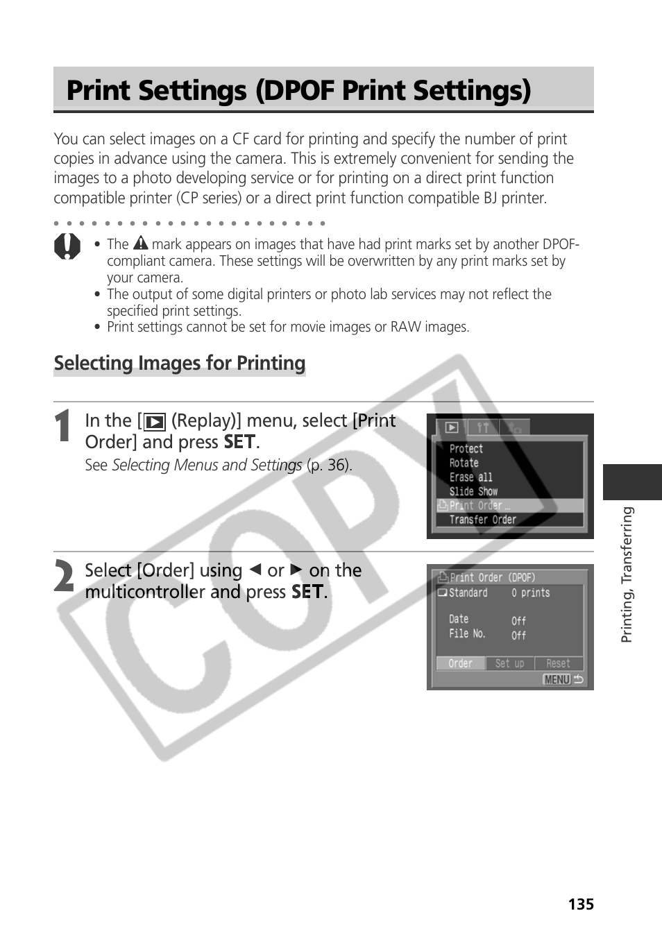 Print settings (dpof print settings), Selecting images for printing, See selecting menus and settings (p. 36) | Samsung CDI-E090-010 User Manual | Page 141 / 186