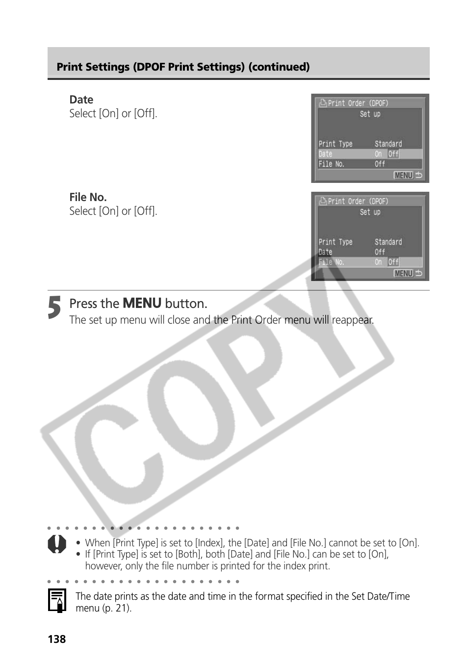 Press the button, Print settings (dpof print settings) (continued) | Samsung CDI-E090-010 User Manual | Page 144 / 186