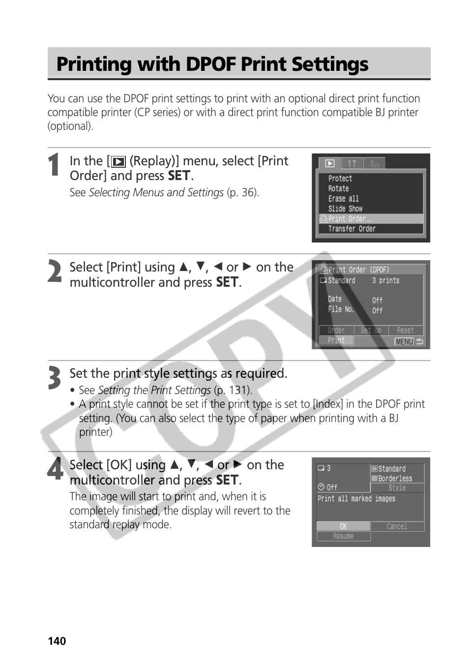 Printing with dpof print settings | Samsung CDI-E090-010 User Manual | Page 146 / 186