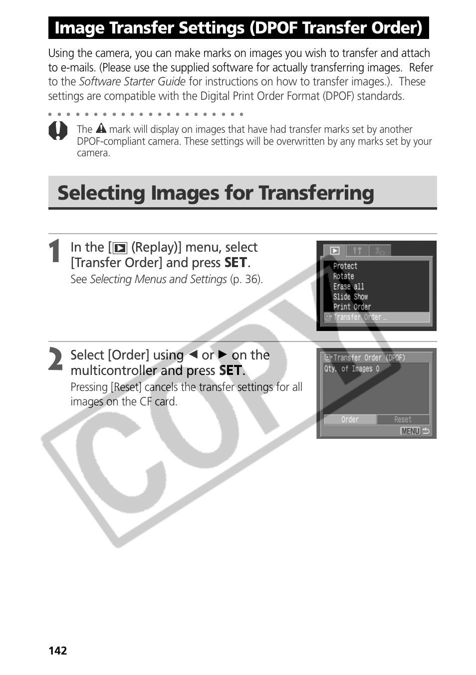 Selecting images for transferring, Image transfer settings (dpof transfer order), See selecting menus and settings (p. 36) | Samsung CDI-E090-010 User Manual | Page 148 / 186