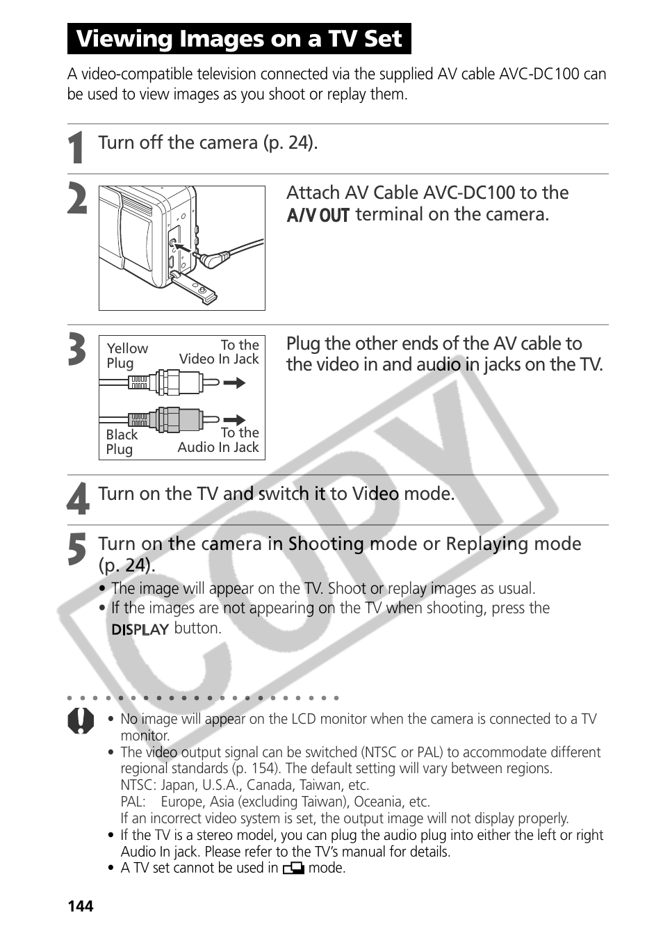 Viewing images on a tv set, Turn off the camera (p. 24), Turn on the tv and switch it to video mode | Samsung CDI-E090-010 User Manual | Page 150 / 186