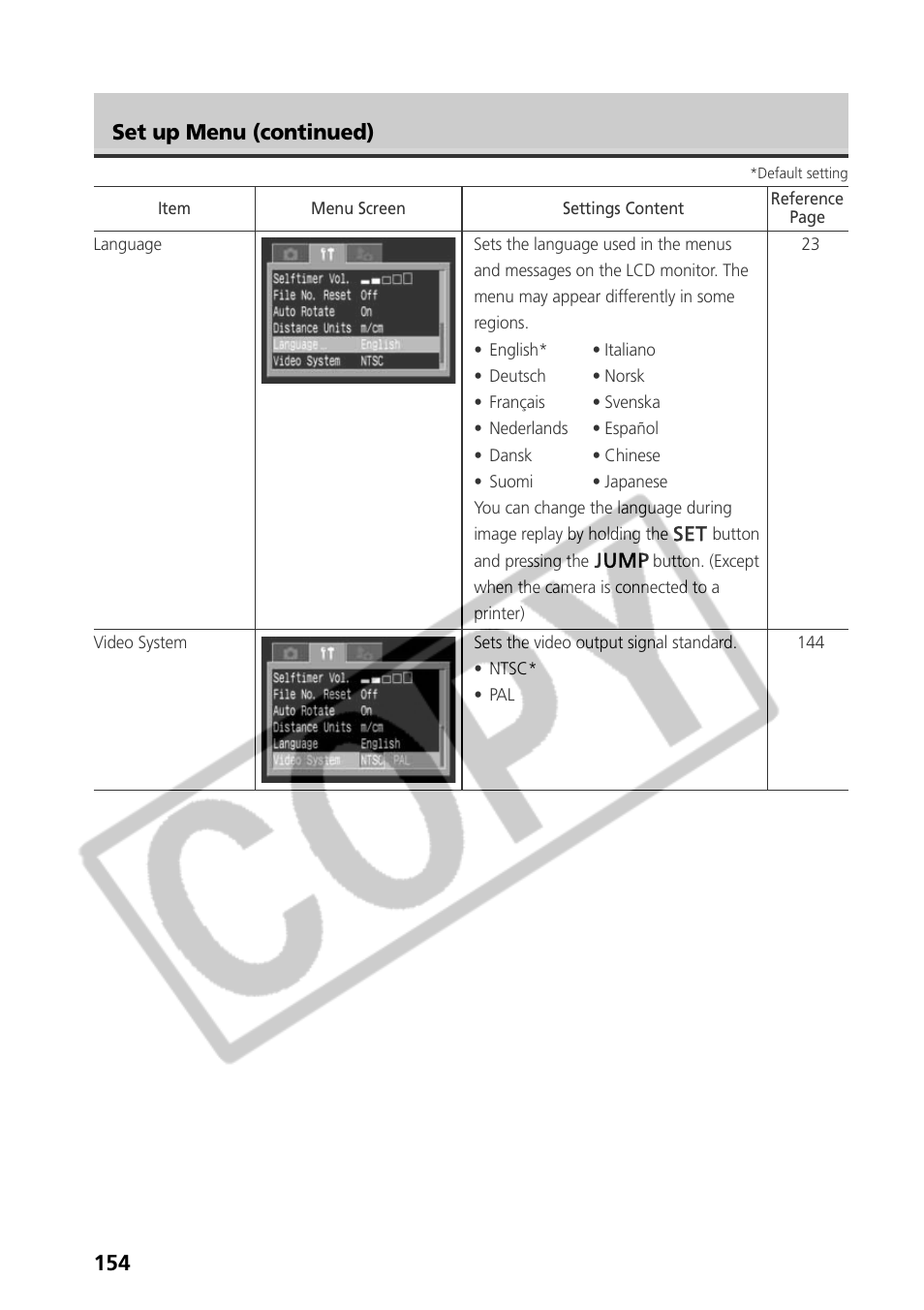 154 set up menu (continued) | Samsung CDI-E090-010 User Manual | Page 160 / 186