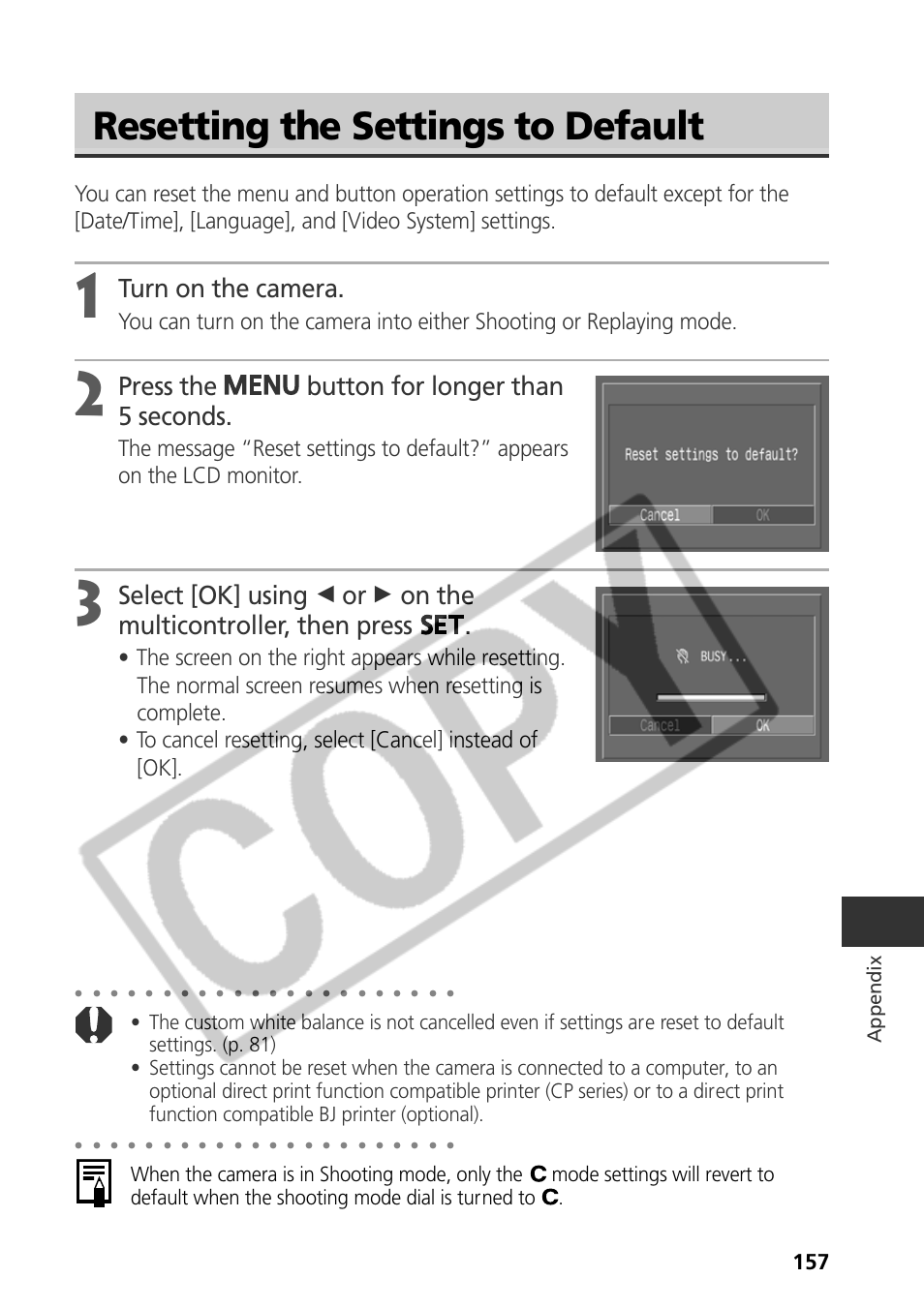 Resetting the settings to default, Turn on the camera, Press the button for longer than 5 seconds | Appendix | Samsung CDI-E090-010 User Manual | Page 163 / 186