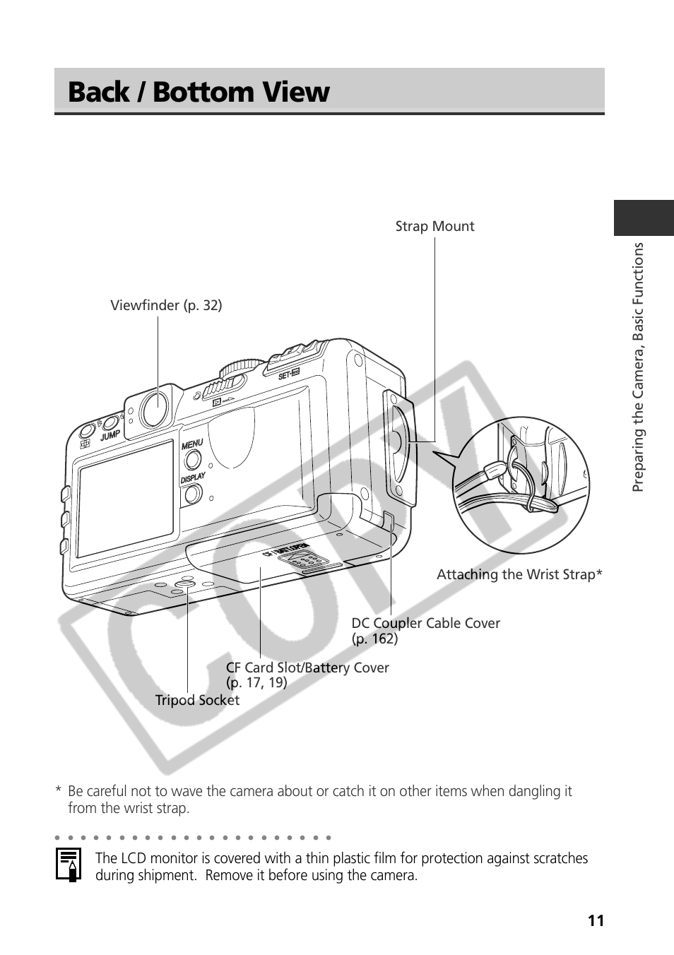 Back / bottom view, Preparing the camera, basic functions, Attaching the wrist strap | Samsung CDI-E090-010 User Manual | Page 17 / 186