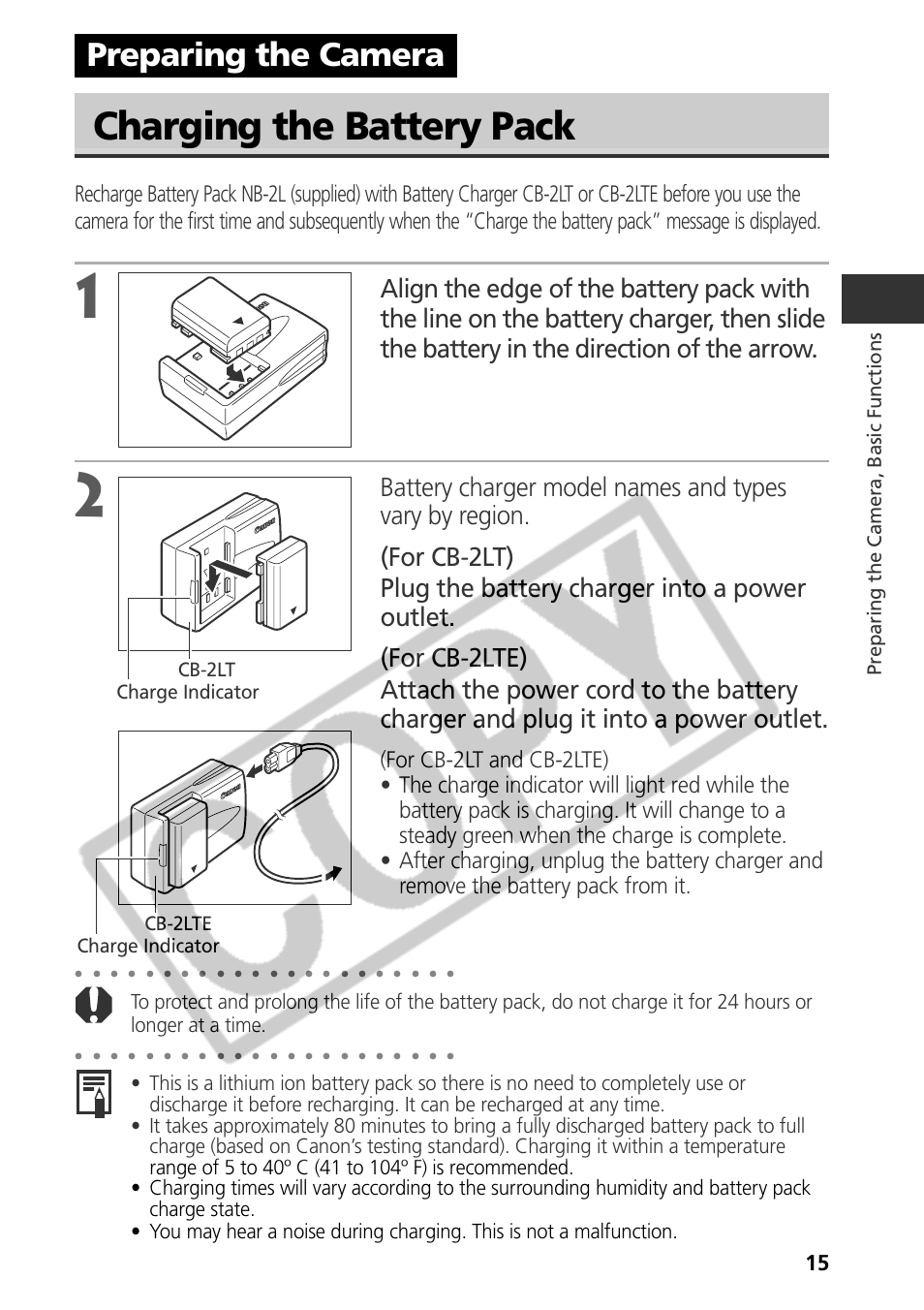 Charging the battery pack, Preparing the camera, Preparing the camera, basic functions | Charge indicator cb-2lt charge indicator cb-2lte | Samsung CDI-E090-010 User Manual | Page 21 / 186