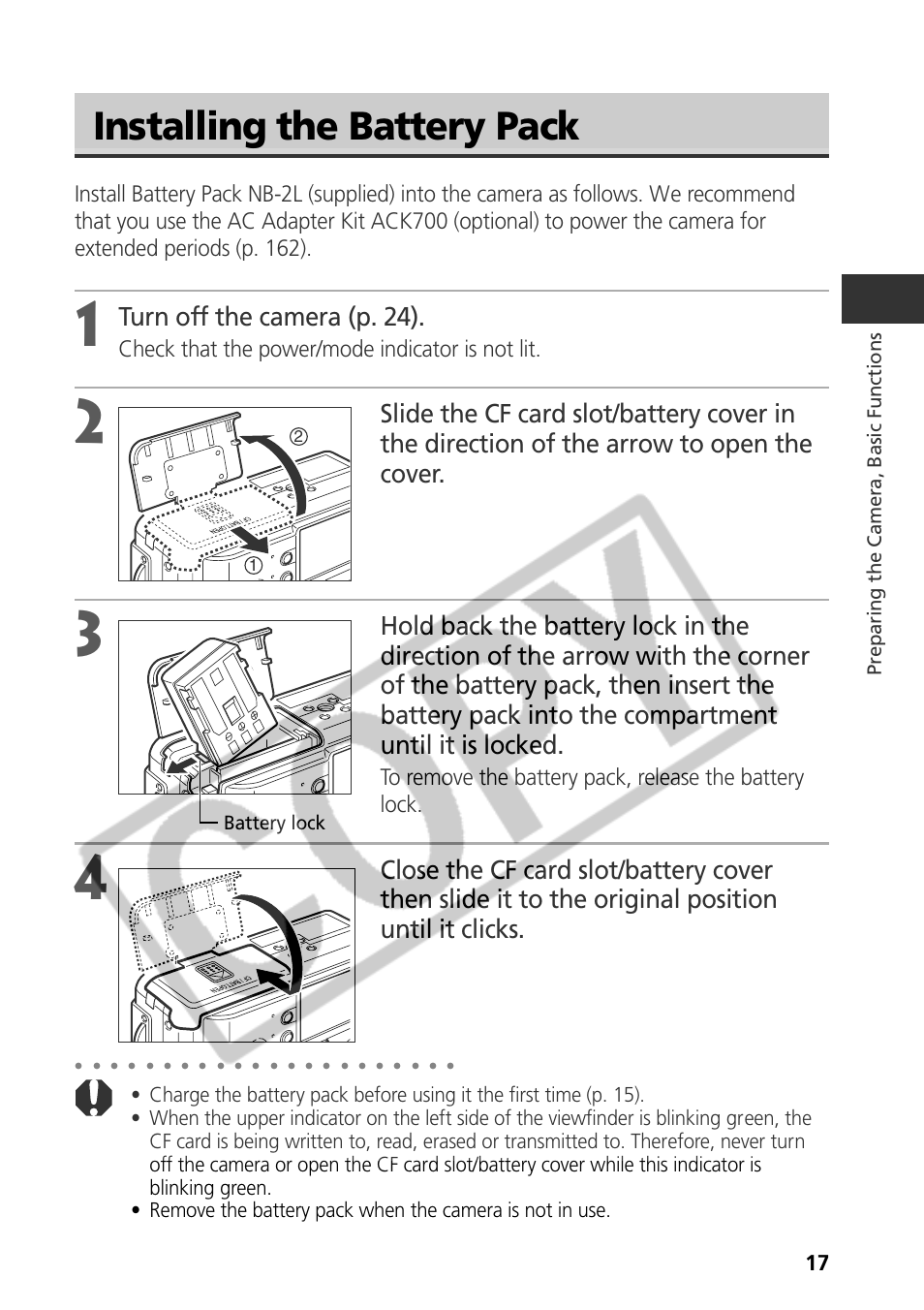 Installing the battery pack, Turn off the camera (p. 24), Check that the power/mode indicator is not lit | Samsung CDI-E090-010 User Manual | Page 23 / 186