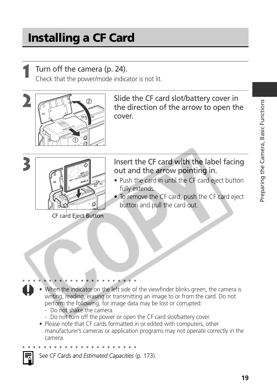 Installing a cf card, Turn off the camera (p. 24), Check that the power/mode indicator is not lit | See cf cards and estimated capacities (p. 173), Preparing the camera, basic functions, Cf card eject button | Samsung CDI-E090-010 User Manual | Page 25 / 186