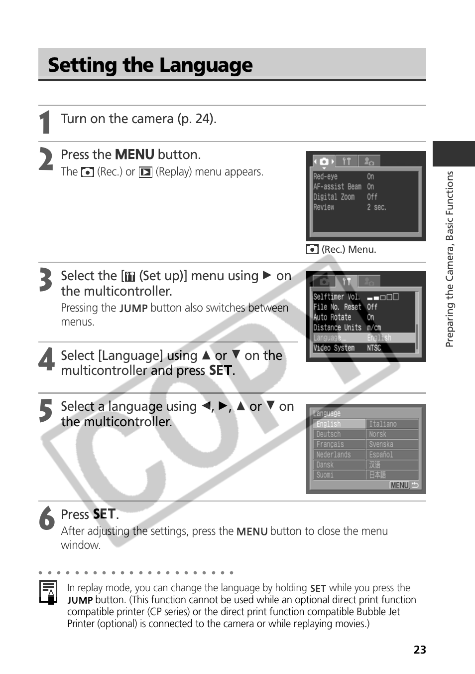 Setting the language, Turn on the camera (p. 24), Press the button | Press | Samsung CDI-E090-010 User Manual | Page 29 / 186