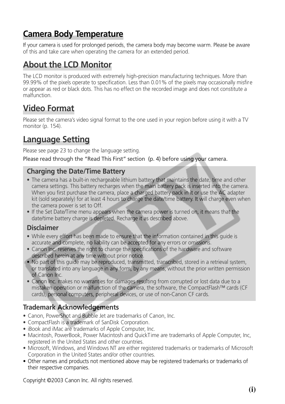 Camera body temperature, About the lcd monitor, Video format | Language setting | Samsung CDI-E090-010 User Manual | Page 3 / 186