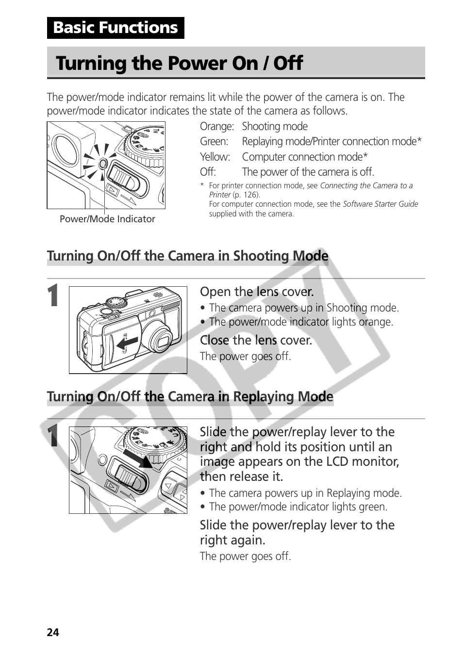 Turning the power on / off, Basic functions | Samsung CDI-E090-010 User Manual | Page 30 / 186