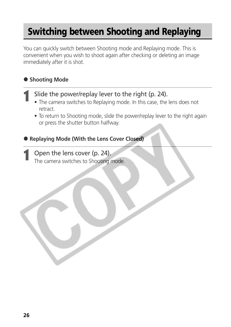 Switching between shooting and replaying | Samsung CDI-E090-010 User Manual | Page 32 / 186