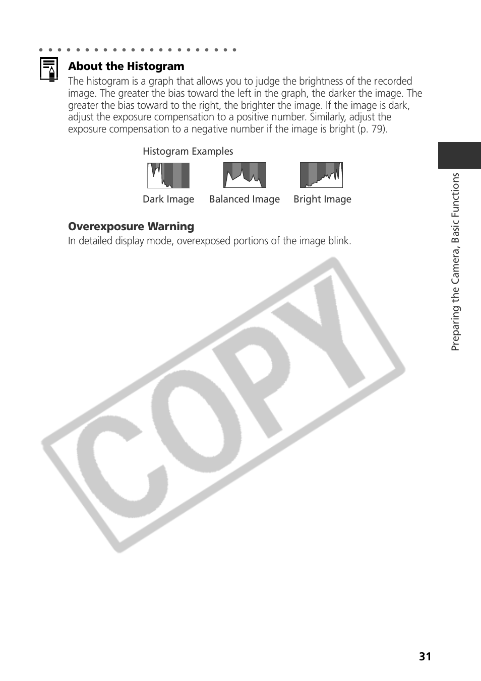 About the histogram, Overexposure warning, Preparing the camera, basic functions | Samsung CDI-E090-010 User Manual | Page 37 / 186