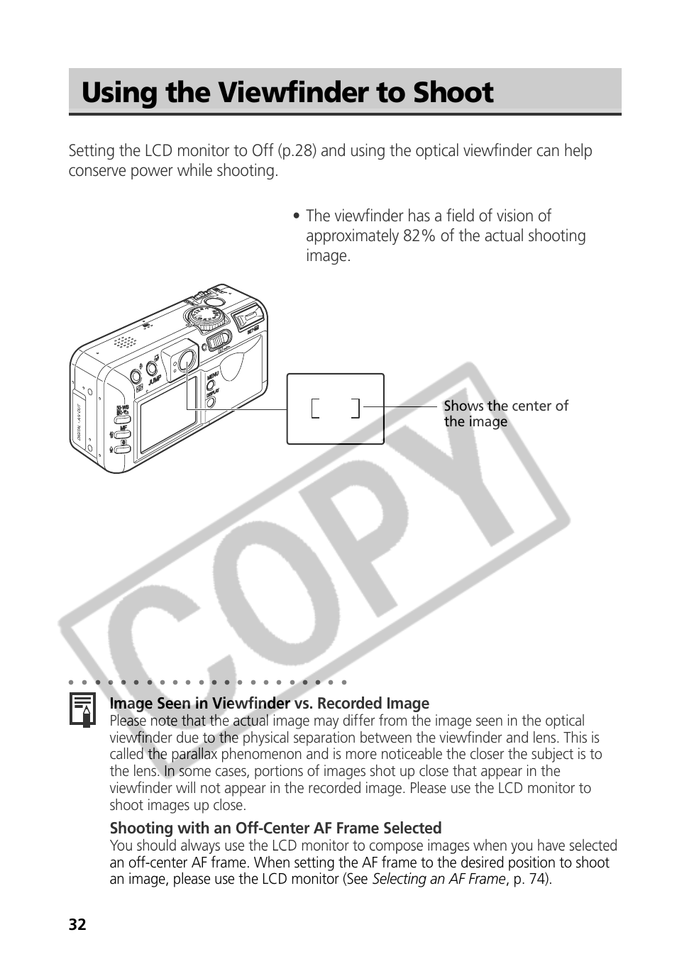 Using the viewfinder to shoot, Image seen in viewfinder vs. recorded image, Shooting with an off-center af frame selected | Shows the center of the image | Samsung CDI-E090-010 User Manual | Page 38 / 186