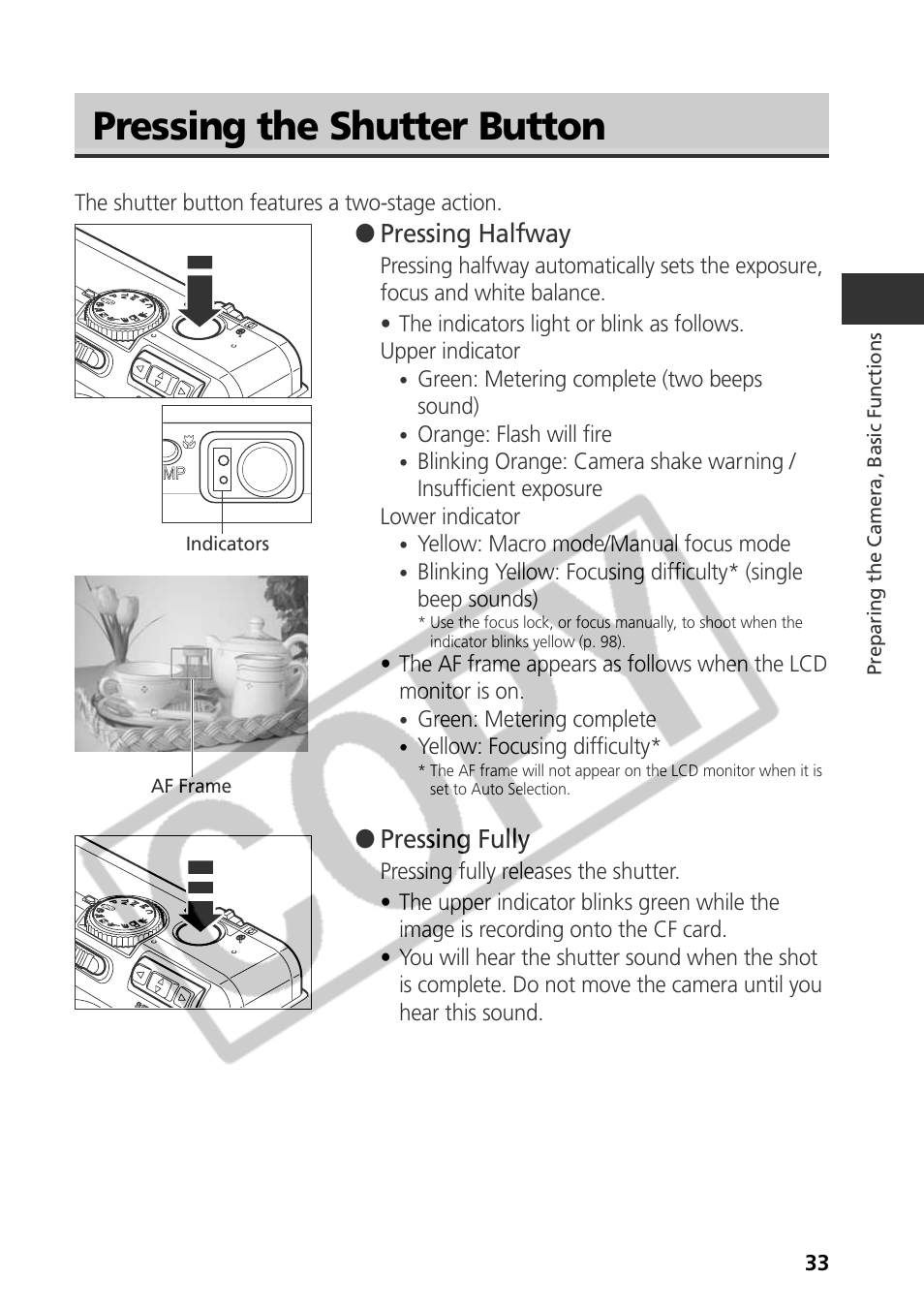 Pressing the shutter button, Pressing halfway, Pressing fully | Samsung CDI-E090-010 User Manual | Page 39 / 186