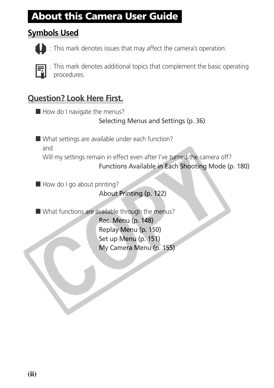 About this camera user guide, Symbols used, Question? look here first | Samsung CDI-E090-010 User Manual | Page 4 / 186