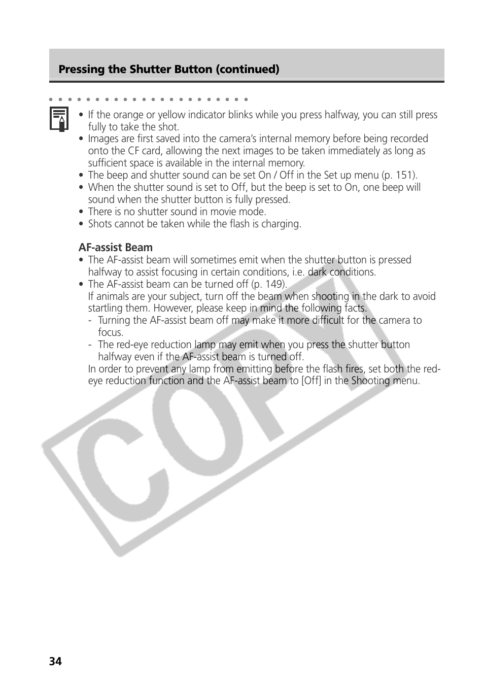 Af-assist beam, Pressing the shutter button (continued) | Samsung CDI-E090-010 User Manual | Page 40 / 186