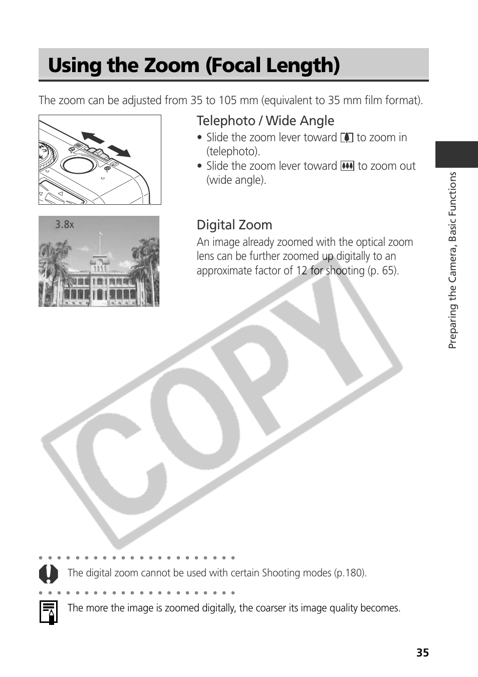 Using the zoom (focal length), Telephoto / wide angle, Digital zoom | Preparing the camera, basic functions | Samsung CDI-E090-010 User Manual | Page 41 / 186