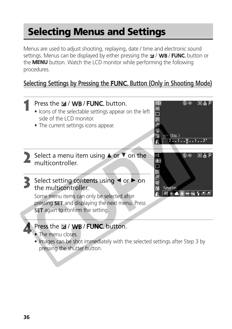 Selecting menus and settings | Samsung CDI-E090-010 User Manual | Page 42 / 186