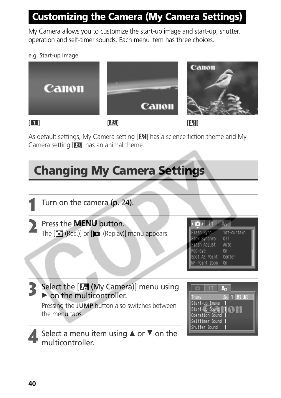 Changing my camera settings, Customizing the camera (my camera settings) | Samsung CDI-E090-010 User Manual | Page 46 / 186