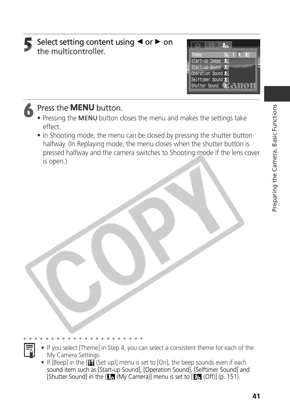 Press the button, Preparing the camera, basic functions | Samsung CDI-E090-010 User Manual | Page 47 / 186