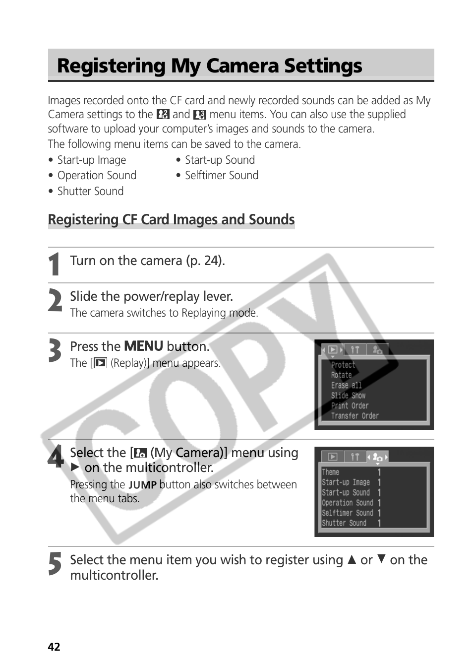 Registering my camera settings | Samsung CDI-E090-010 User Manual | Page 48 / 186