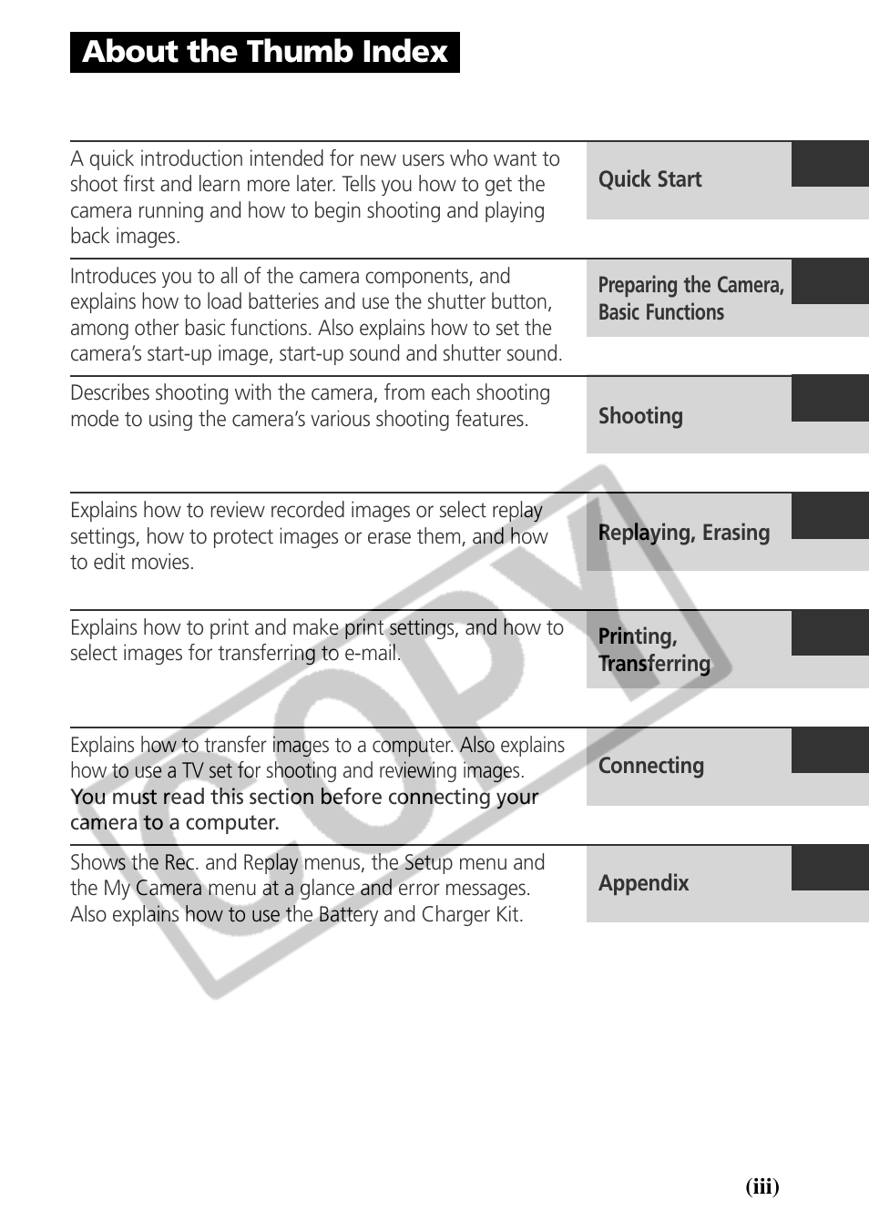 About the thumb index | Samsung CDI-E090-010 User Manual | Page 5 / 186