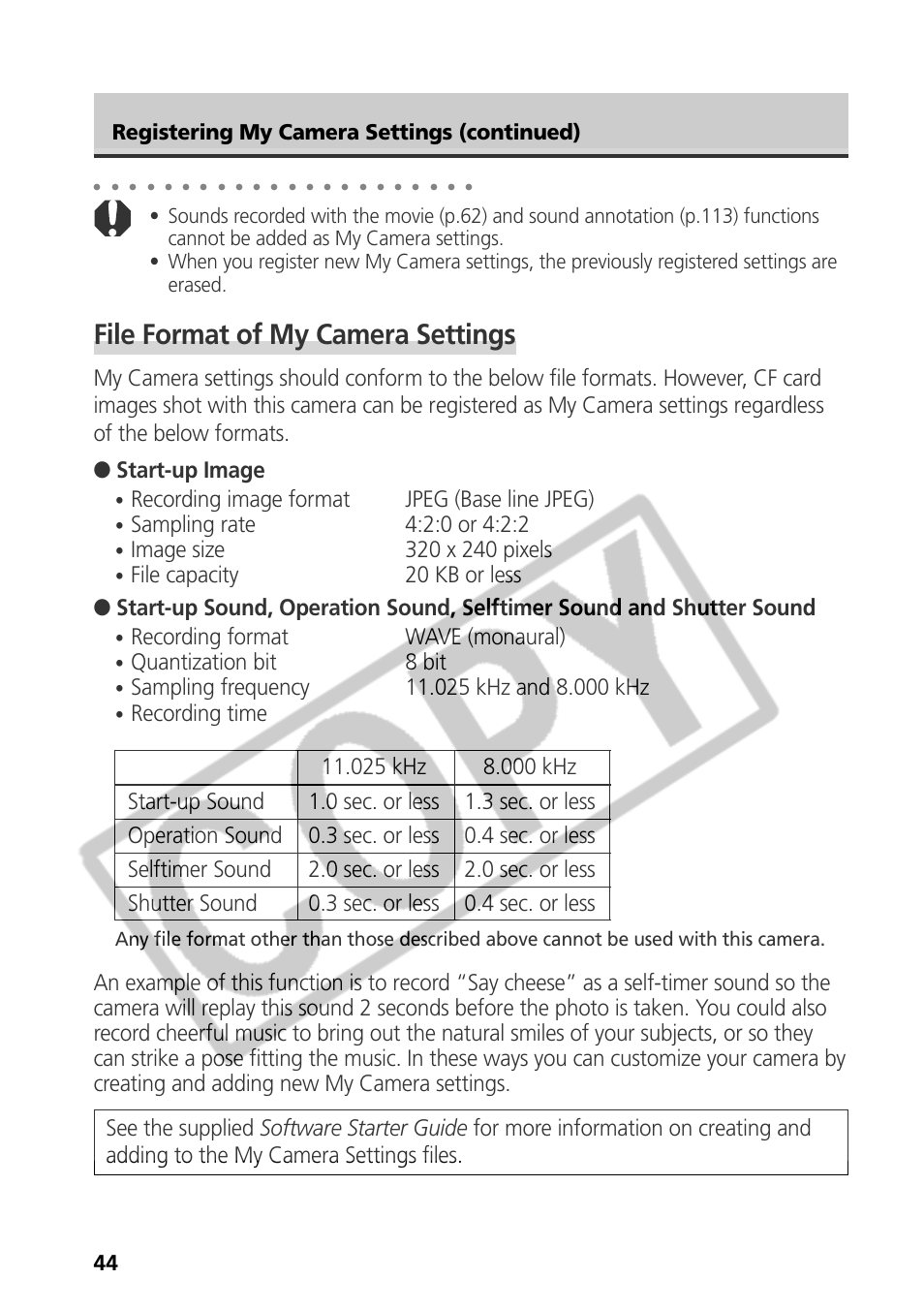 File format of my camera settings, Recording image format jpeg (base line jpeg), Recording format wave (monaural) | Quantization bit 8 bit, 44 registering my camera settings (continued) | Samsung CDI-E090-010 User Manual | Page 50 / 186