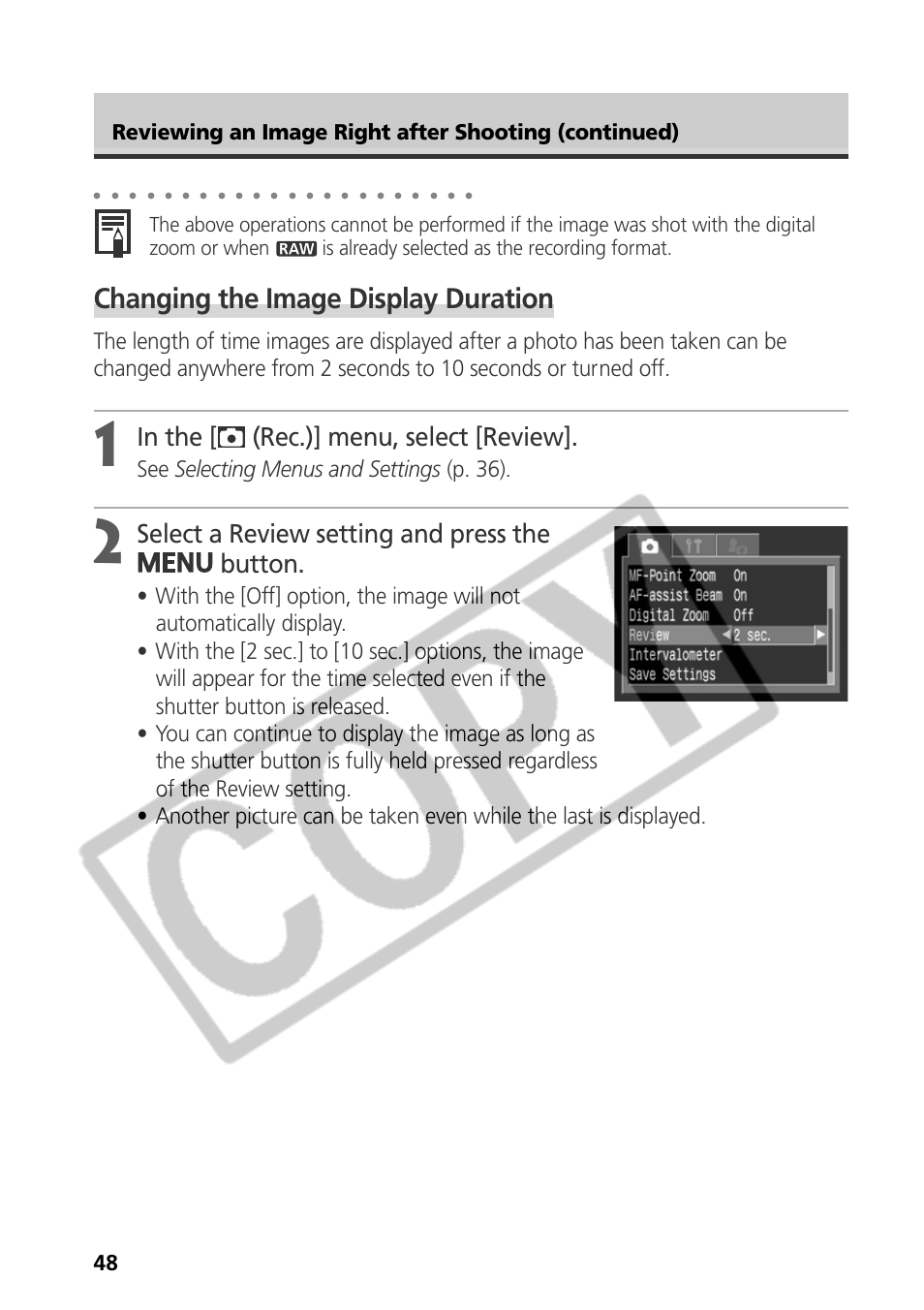 Changing the image display duration, Select a review setting and press the button, See selecting menus and settings (p. 36) | Samsung CDI-E090-010 User Manual | Page 54 / 186