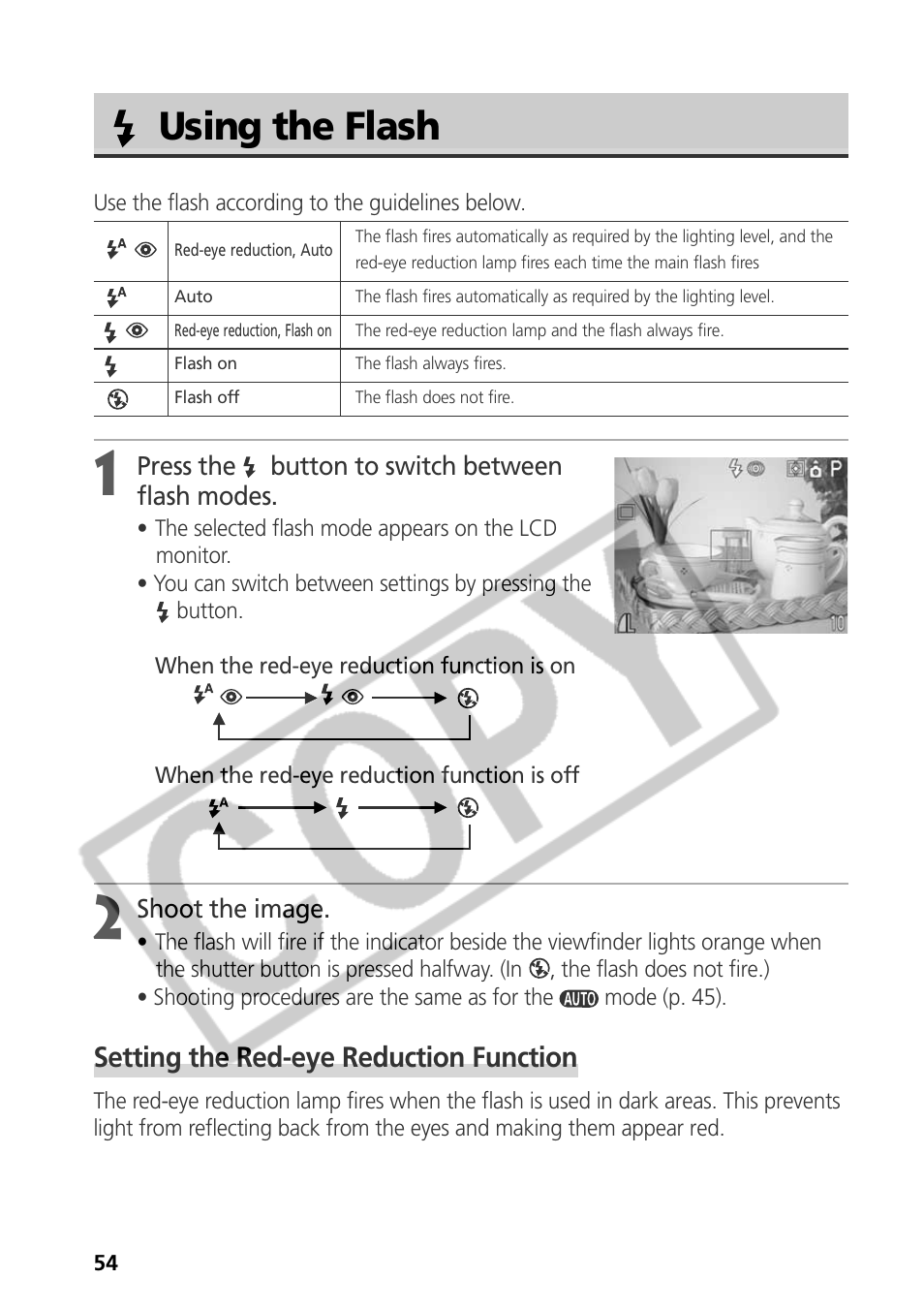 Using the flash, Setting the red-eye reduction function | Samsung CDI-E090-010 User Manual | Page 60 / 186