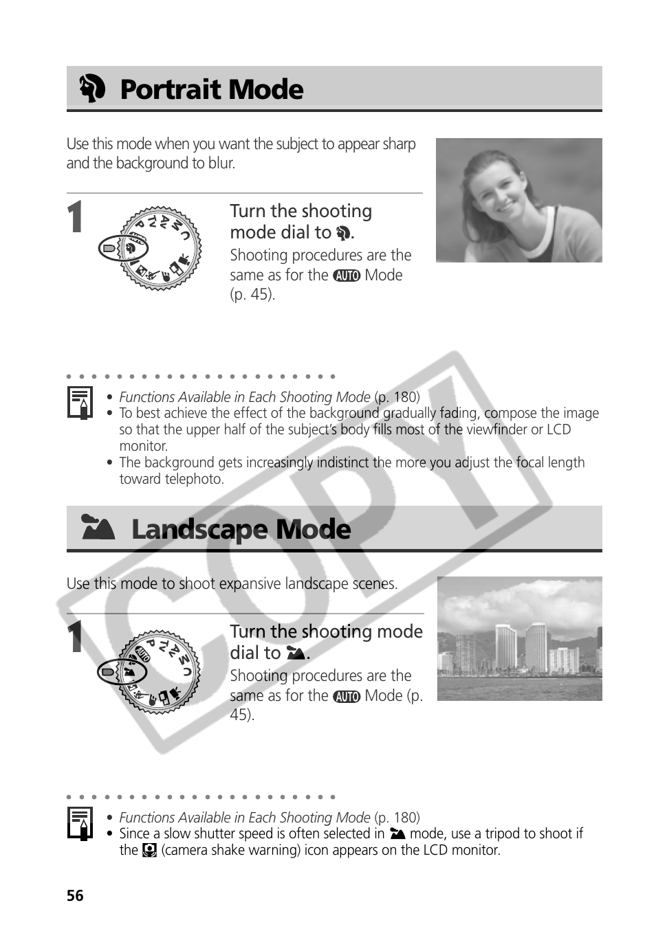 Portrait mode, Landscape mode, Turn the shooting mode dial to | Use this mode to shoot expansive landscape scenes | Samsung CDI-E090-010 User Manual | Page 62 / 186