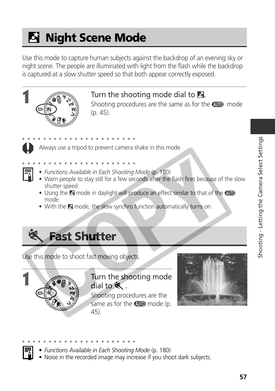 Night scene mode, Fast shutter, Turn the shooting mode dial to | Use this mode to shoot fast moving objects, Shooting - letting the camera select settings | Samsung CDI-E090-010 User Manual | Page 63 / 186