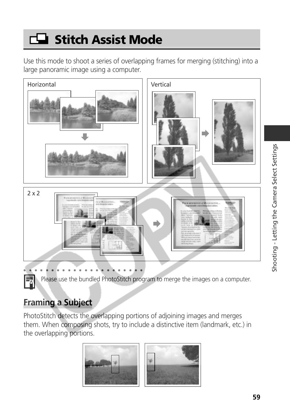 Stitch assist mode, Framing a subject, Shooting - letting the camera select settings | Horizontal vertical 2 x 2 | Samsung CDI-E090-010 User Manual | Page 65 / 186