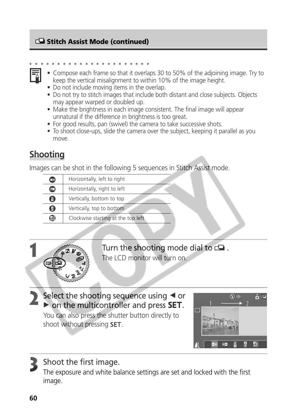 Shooting, Turn the shooting mode dial to, Shoot the first image | The lcd monitor will turn on, Stitch assist mode (continued) | Samsung CDI-E090-010 User Manual | Page 66 / 186