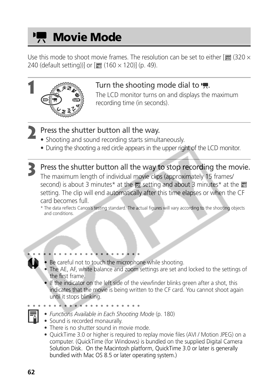 Movie mode, Turn the shooting mode dial to, Press the shutter button all the way | Samsung CDI-E090-010 User Manual | Page 68 / 186