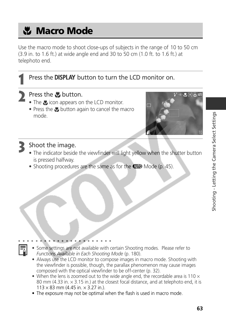 Macro mode, Press the button to turn the lcd monitor on, Press the button | Shoot the image | Samsung CDI-E090-010 User Manual | Page 69 / 186