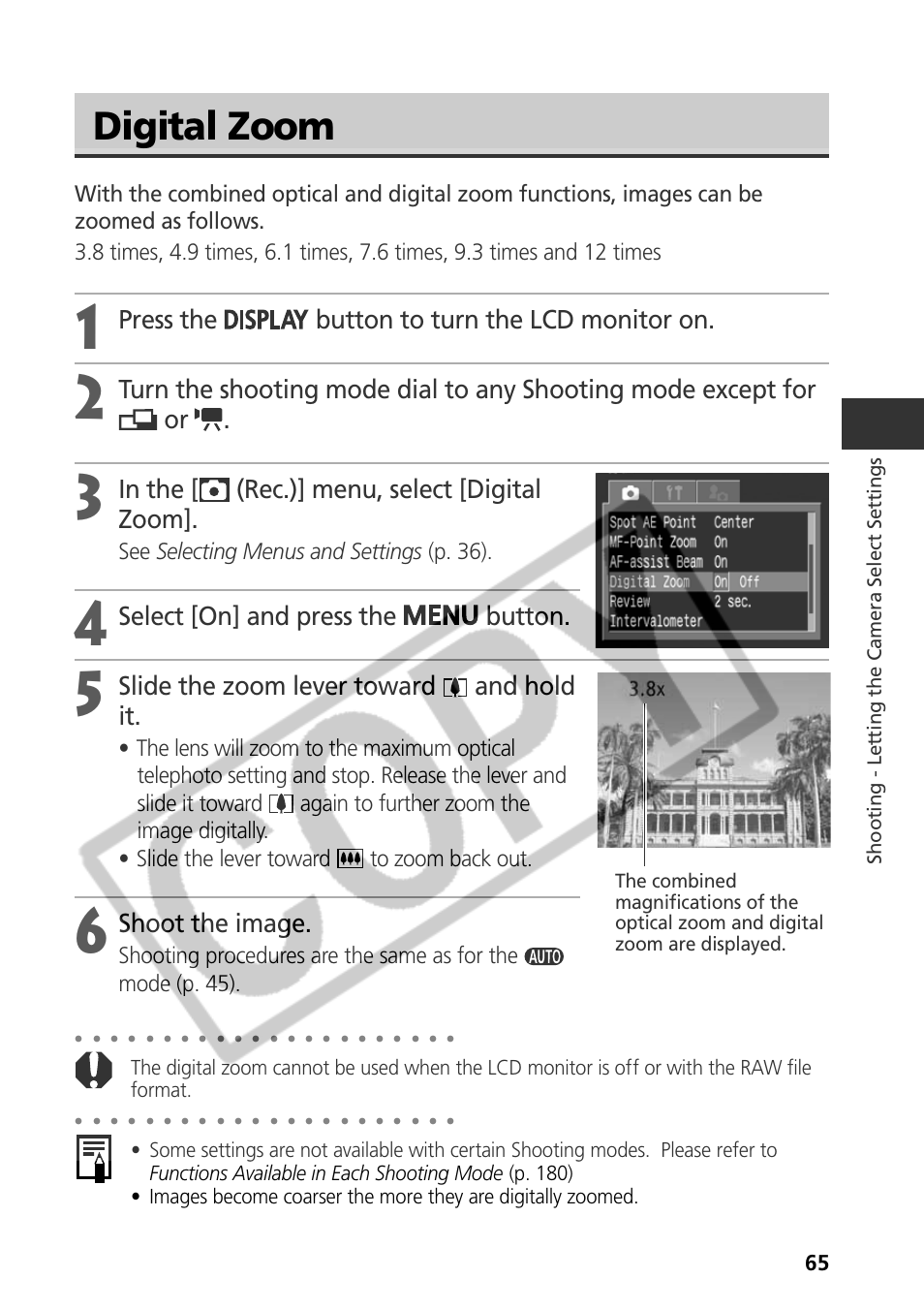 Digital zoom, Press the button to turn the lcd monitor on, Select [on] and press the button | Slide the zoom lever toward and hold it, Shoot the image, See selecting menus and settings (p. 36) | Samsung CDI-E090-010 User Manual | Page 71 / 186