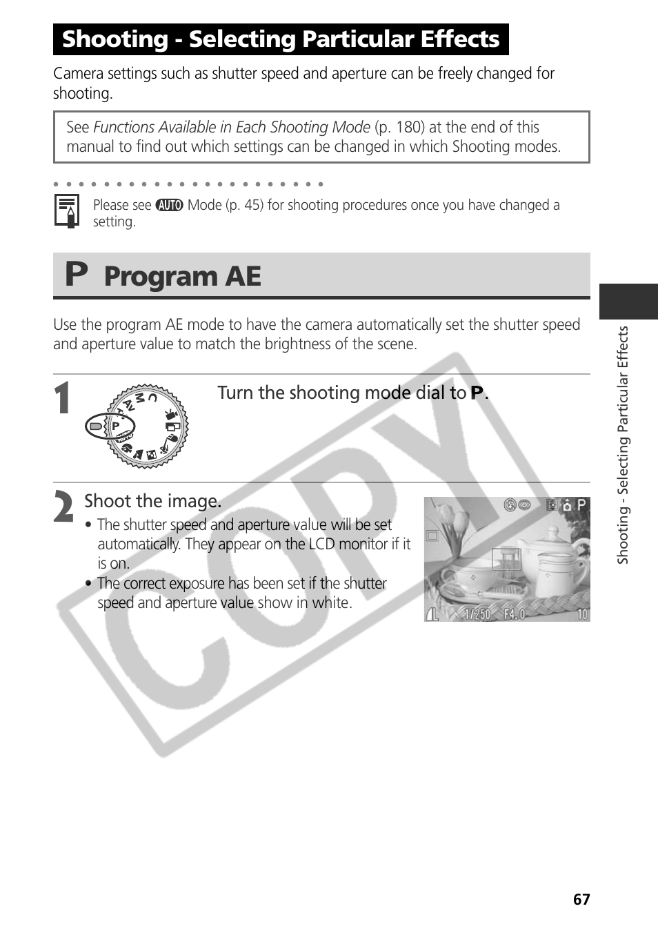 Program ae, Shooting - selecting particular effects, Turn the shooting mode dial to | Shoot the image, Shooting - selecting par ticular ef fects | Samsung CDI-E090-010 User Manual | Page 73 / 186