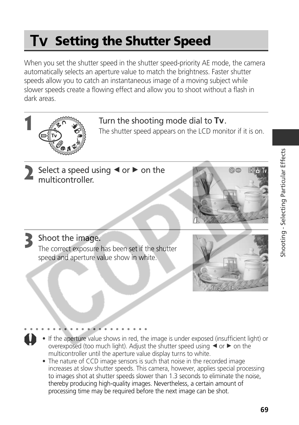 Setting the shutter speed, Turn the shooting mode dial to, Select a speed using b or a on the multicontroller | Shoot the image | Samsung CDI-E090-010 User Manual | Page 75 / 186