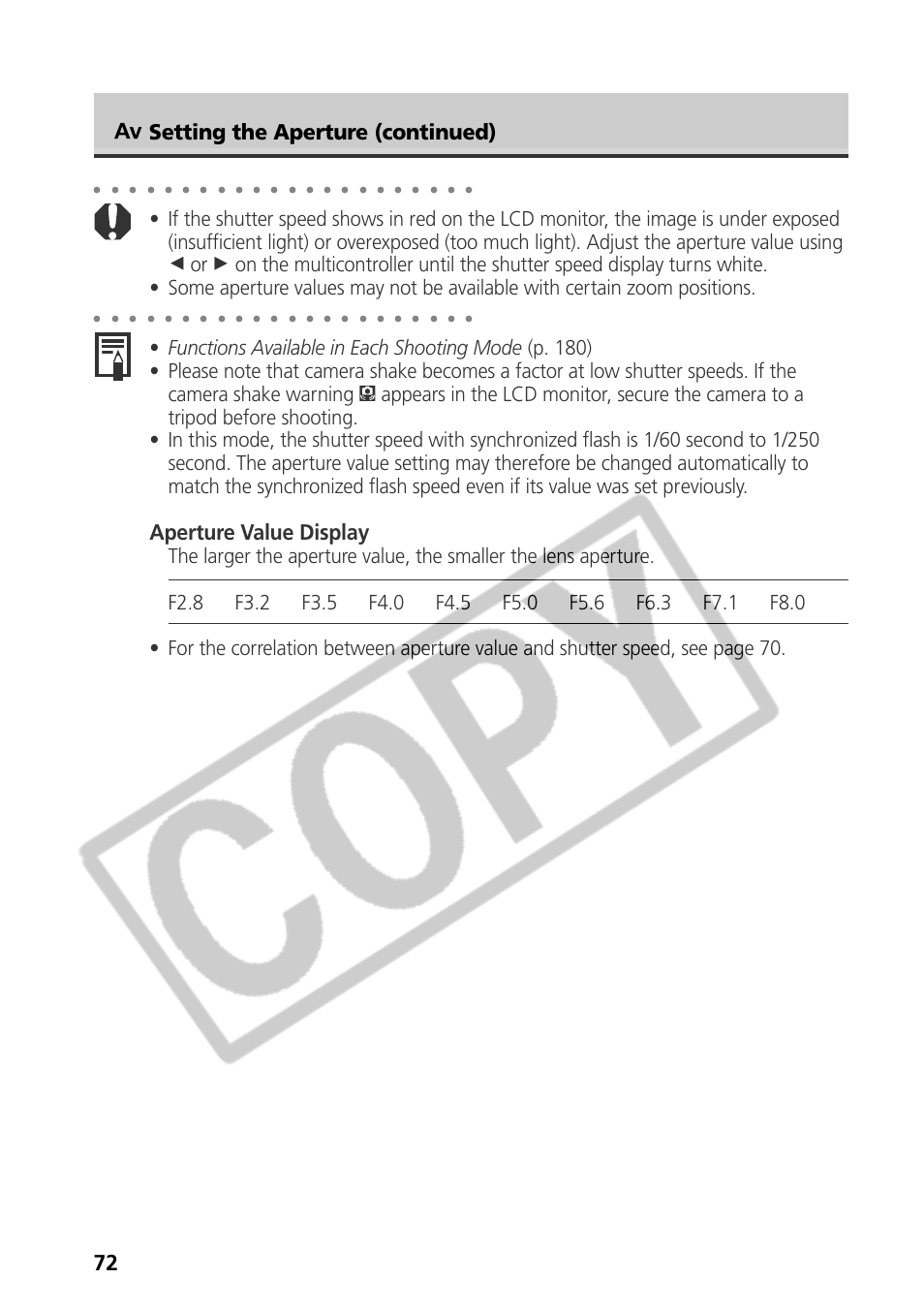 Aperture value display, Setting the aperture (continued) | Samsung CDI-E090-010 User Manual | Page 78 / 186