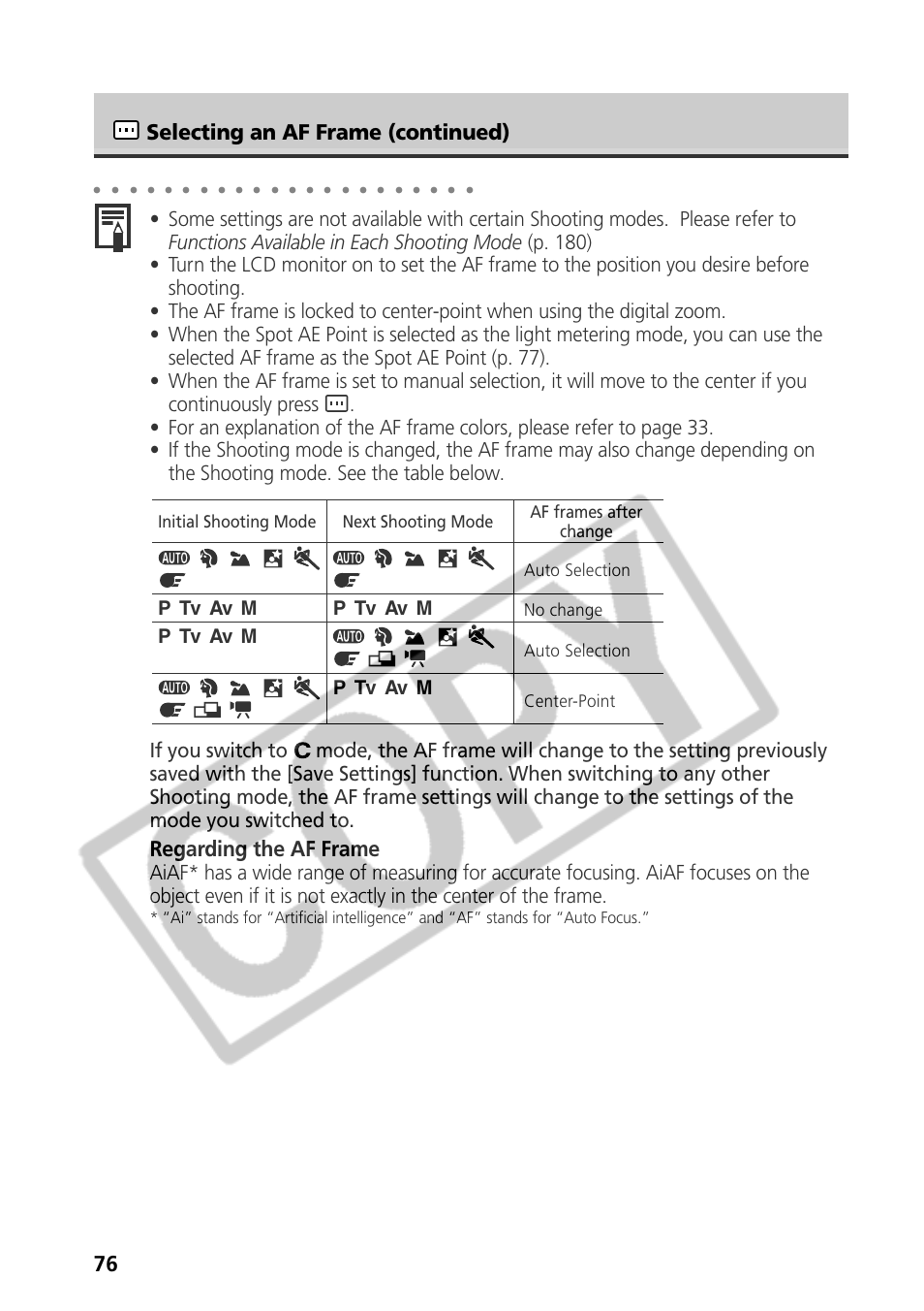 Regarding the af frame, Selecting an af frame (continued), P tv av m | Samsung CDI-E090-010 User Manual | Page 82 / 186