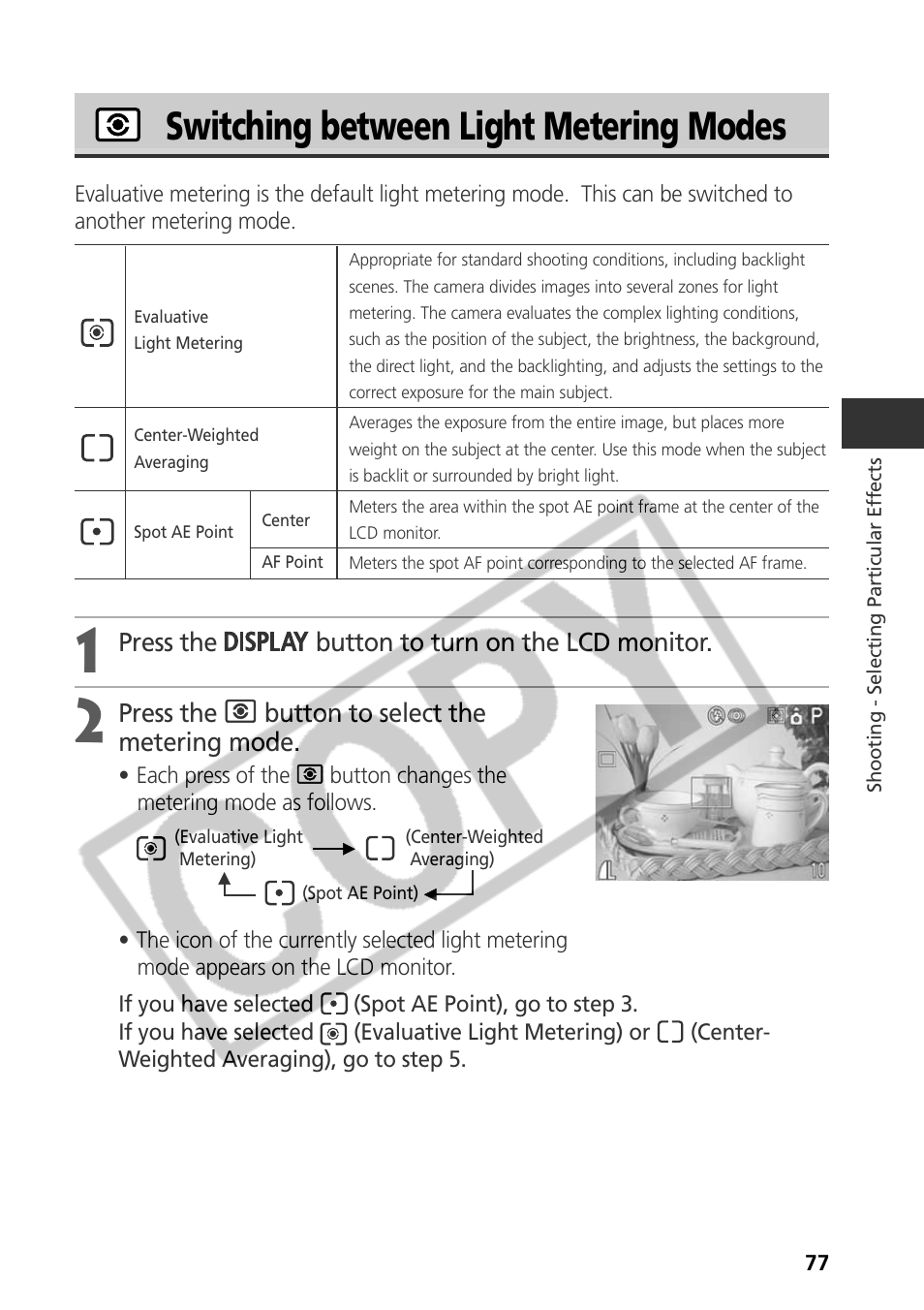 Switching between light metering modes, Press the button to turn on the lcd monitor, Press the button to select the metering mode | Samsung CDI-E090-010 User Manual | Page 83 / 186