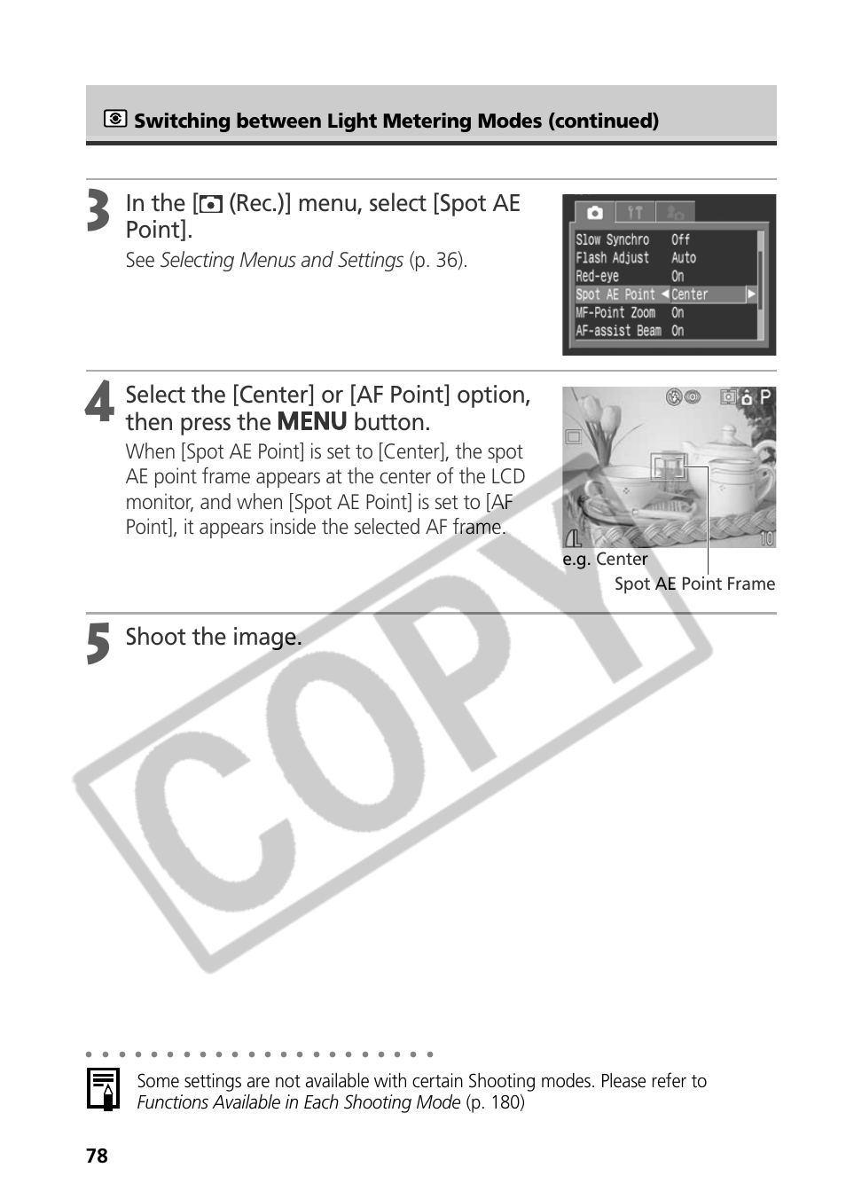 Shoot the image, See selecting menus and settings (p. 36), Switching between light metering modes (continued) | Samsung CDI-E090-010 User Manual | Page 84 / 186