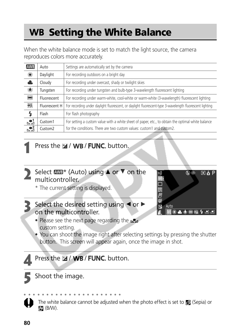 Setting the white balance, Press the / / button, Shoot the image | Samsung CDI-E090-010 User Manual | Page 86 / 186