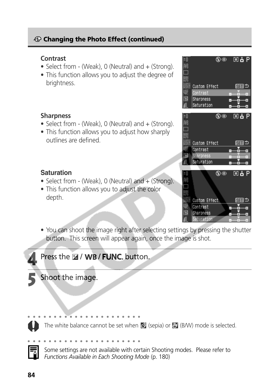 Press the / / button, Shoot the image, Changing the photo effect (continued) | Samsung CDI-E090-010 User Manual | Page 90 / 186