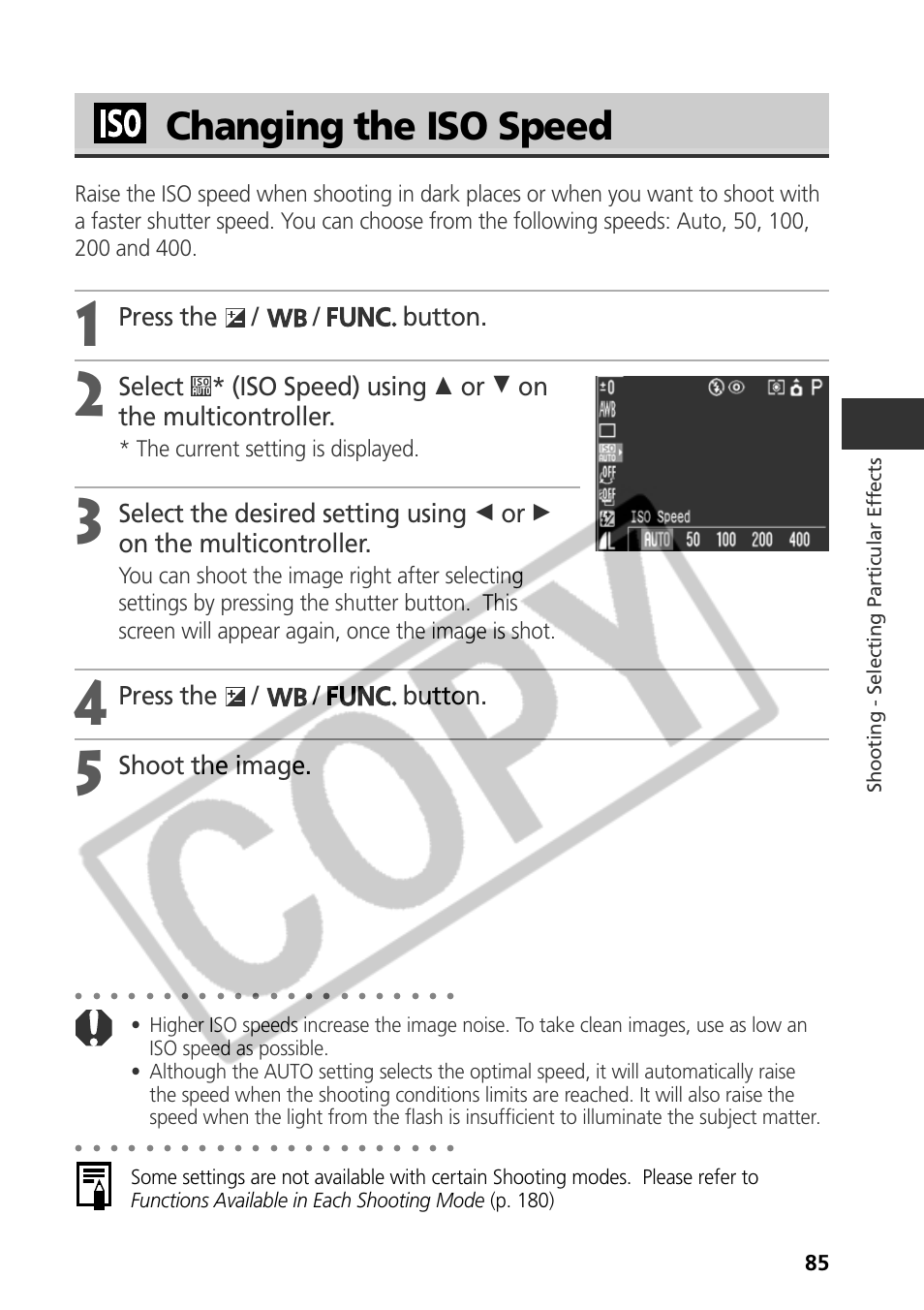 Changing the iso speed, Press the / / button, Shoot the image | The current setting is displayed, Shooting - selecting par ticular ef fects | Samsung CDI-E090-010 User Manual | Page 91 / 186