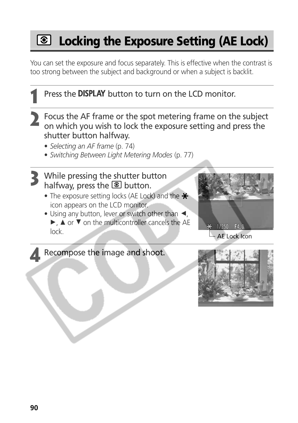 Locking the exposure setting (ae lock) | Samsung CDI-E090-010 User Manual | Page 96 / 186